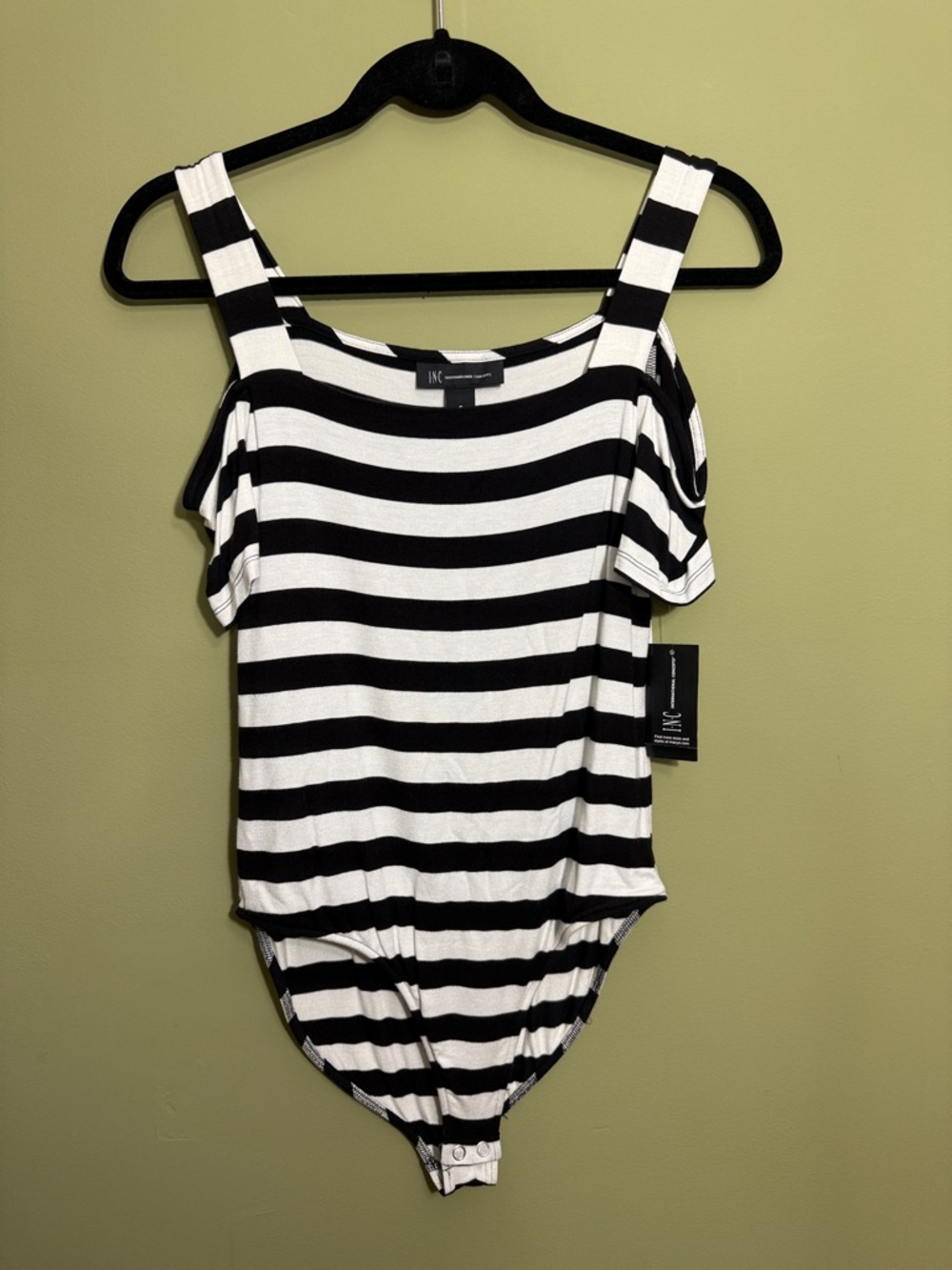 INC International Concepts Black and White Striped Cold-Shoulder Bodysuit